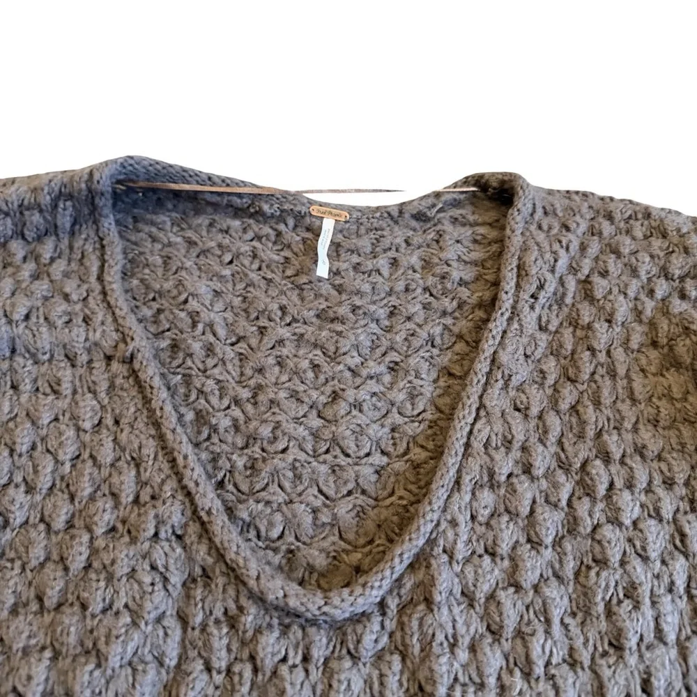 Free People Chunky Pullover V-Neck Sweater Neutral Brown Wool Stretch Size Large